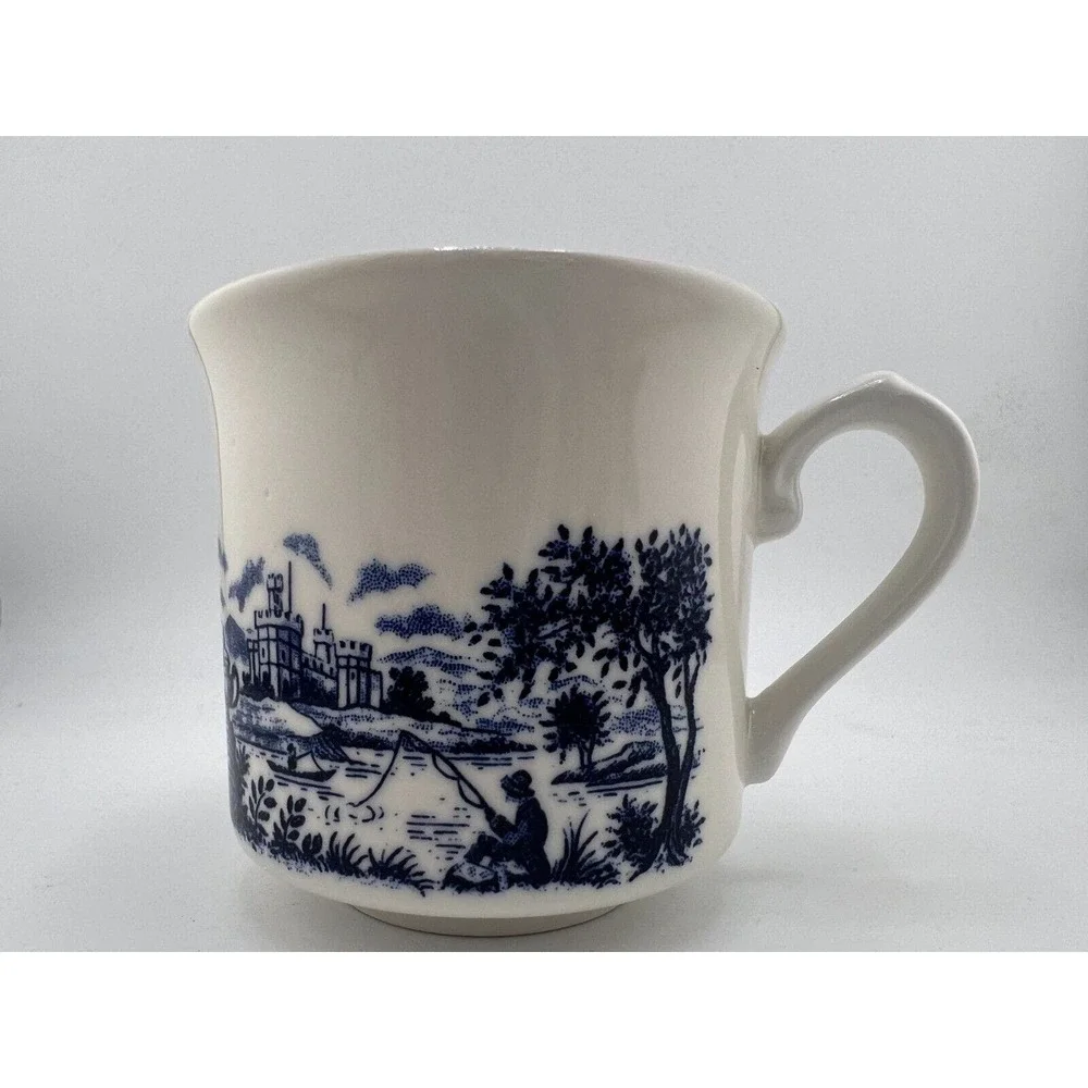 Vintage Blue & White Cottage Glossy Bone China Pastoral‎ Chinoiserie Coffee Cups